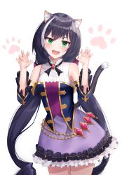 Rule 34 | 1girl, absurdres, animal ear fluff, animal ears, bare shoulders, black hair, black ribbon, blush, breasts, cat ears, cat girl, cat tail, claw pose, commentary, cowboy shot, detached sleeves, drill hair, fang, frills, gem, green eyes, highres, karyl (princess connect!), long hair, looking at viewer, medium breasts, multicolored hair, open mouth, paw print, paw print background, princess connect!, purple skirt, ribbon, shirt, silverrain 72, simple background, skirt, sleeveless, sleeveless shirt, solo, streaked hair, tail, twin drills, white hair, white shirt, wide sleeves