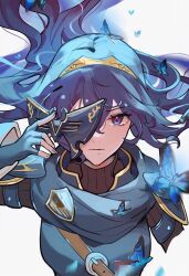 Rule 34 | 1girl, blue cape, blue eyes, blue gloves, blue hair, bug, butterfly, cape, closed mouth, commentary, english commentary, fingerless gloves, fire emblem, fire emblem awakening, floating hair, gloves, hair between eyes, highres, holding, holding mask, insect, long hair, long sleeves, looking at viewer, lucina (fire emblem), lunachaili, mask, nintendo, removing mask, solo, tiara, upper body