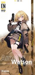 Rule 34 | 1girl, absurdres, black footwear, blonde hair, blue eyes, blush, boots, brown capelet, brown coat, brown skirt, capelet, character name, closed mouth, coat, copyright name, dual wielding, earrings, full body, gun, handgun, heart, heart earrings, highres, holding, holding gun, holding weapon, hololive, hololive english, ishihara (kuniyoshi), jewelry, long sleeves, looking at viewer, miniskirt, pleated skirt, short hair, skirt, smile, socks, solo, thigh strap, trench coat, trigger discipline, virtual youtuber, watson amelia, weapon