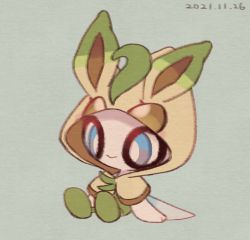 Rule 34 | arm support, blue eyes, bright pupils, celebi, closed mouth, commentary request, cosplay, creatures (company), dated, full body, game freak, gen 2 pokemon, gen 4 pokemon, hood, hood up, leafeon, leafeon (cosplay), leels, legendary pokemon, mythical pokemon, nintendo, pokemon, sitting, smile, solo, white pupils