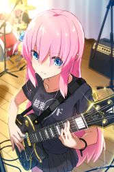 Rule 34 | 2girls, absurdres, black shirt, black skirt, blonde hair, blue eyes, bocchi the rock!, breasts, closed mouth, commentary request, cube hair ornament, drum, drum set, electric guitar, gibson les paul, gotoh hitori, guitar, hair between eyes, hair ornament, highres, holding, holding instrument, ijichi nijika, instrument, long hair, loup, medium breasts, multiple girls, one side up, pants, pants under skirt, pink hair, pink pants, pleated skirt, plectrum, revision, shirt, short sleeves, skirt, solo focus, stage, standing, track pants, v-shaped eyebrows, very long hair