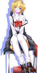 Rule 34 | 1girl, aegis (persona), blonde hair, blue eyes, breasts, blowing bubbles, highres, large breasts, loafers, looking at viewer, nakano maru, persona, persona 3, school uniform, shoes, short hair, simple background, socks, solo, white background
