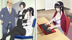 Rule 34 | 1boy, 2girls, belt, black belt, black hair, black legwear, breasts, business suit, censored, chair, cleavage, collarbone, collared shirt, computer, cottage, crossed arms, crossed legs, desk, fat, fat man, feet out of frame, formal, hand on another&#039;s shoulder, censored, highres, identity censor, indoors, kasumigaoka utaha, laptop, long hair, looking at another, medium breasts, mosaic censoring, multiple girls, notebook, open mouth, pantyhose, saenai heroine no sodatekata, shirt, short hair, sidelocks, sitting, skirt, skirt suit, split image, standing, suit, tagme, white shirt, wing collar, wooden floor, yellow neckwear