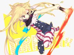 Rule 34 | 1girl, akimaki yuu, american flag dress, american flag legwear, bare arms, black scarf, blonde hair, blue bow, bow, clownpiece, dress, english text, fire, floating hair, full body, grey background, grin, holding, long hair, outstretched arms, pantyhose, red eyes, scarf, sharp teeth, short dress, short sleeves, smile, solo, star (symbol), star print, striped clothes, striped dress, striped pantyhose, teeth, torch, touhou, very long hair