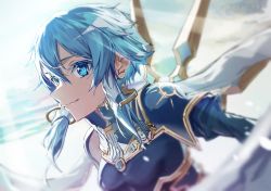 Rule 34 | 1girl, absurdres, armor, blue armor, blue eyes, blue hair, blurry, blurry background, closed mouth, cloud, flying, hair between eyes, hair tubes, highres, looking at viewer, looking to the side, mechanical wings, satsuki (satsuki art), short hair with long locks, sinon, sinon (solus), sky, smile, solo, sunlight, sword art online, upper body, wings