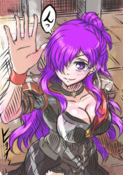 Rule 34 | 1girl, absurdres, armor, breasts, cleavage, collar, fire emblem, fire emblem: three houses, fire emblem warriors, fire emblem warriors: three hopes, gloves, hair bun, hair over one eye, hand up, highres, large breasts, long hair, nintendo, one eye covered, purple eyes, purple hair, red gloves, shez (female) (fire emblem), shez (fire emblem), shoulder armor, single glove, single hair bun, smile