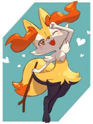 Rule 34 | animal ears, blush, braixen, claws, creatures (company), etotsuji, fox ears, fox tail, full body, furry, game freak, gen 6 pokemon, heart, highres, holding, looking at viewer, nintendo, one eye closed, orange eyes, pokemon, pokemon (creature), smile, solo, stick, tail, wink