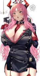 Rule 34 | 1girl, :o, absurdres, between breasts, black gloves, blue archive, blush, breasts, cowboy shot, gloves, halo, highres, horns, large breasts, long hair, long sleeves, mole, mole on breast, namazu (yamasonson), necktie, open mouth, pink hair, red garter straps, red necktie, satsuki (blue archive), simple background, solo, white background, yellow eyes