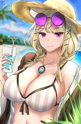 Rule 34 | 1girl, animal ear fluff, animal ears, aqua nails, arknights, bare shoulders, blonde hair, blue sky, blurry, blurry background, braid, breasts, cleavage, cloud, commentary, cup, day, drinking glass, drinking straw, eyewear on head, hand up, hat, highres, holding, holding cup, jewelry, large breasts, long hair, looking at viewer, nail polish, navel, off shoulder, official alternate costume, open clothes, pendant, purple eyes, sky, smile, solo, stomach, sun hat, sunglasses, swimsuit cover-up, tacticsalt, twin braids, upper body, utage (arknights), utage (summer flowers) (arknights)