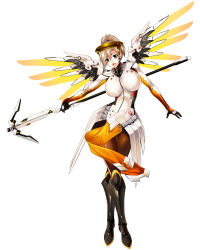 Rule 34 | 1girl, armor, black footwear, blonde hair, blue eyes, bodysuit, boobplate, boots, breastplate, breasts, brown pantyhose, crossed legs, full body, gen (genetrix), gloves, halo, high ponytail, holding, holding staff, knee boots, large breasts, looking at viewer, mechanical halo, mechanical wings, mercy (overwatch), outstretched arm, overwatch, overwatch 1, pantyhose, ponytail, simple background, smile, solo, spread wings, staff, standing, white background, wings, yellow wings