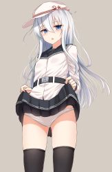 Rule 34 | 1girl, absurdres, anchor symbol, bad id, bad pixiv id, belt, black skirt, black thighhighs, blue eyes, clothes lift, flat cap, grey background, hammer and sickle, hat, hibiki (kancolle), highres, kantai collection, lifted by self, long hair, miniskirt, panties, pleated skirt, silver hair, simple background, skindentation, skirt, skirt lift, solo, standing, thighhighs, underwear, verniy (kancolle), white hat, white panties, yakob labo