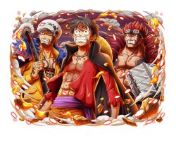Rule 34 | 3boys, abs, black cloak, black hair, chest tattoo, clenched teeth, cloak, eustass kid, fire, game cg, goggles, goggles on head, hat, holding, holding sword, holding weapon, monkey d. luffy, multiple boys, official art, one piece, one piece treasure cruise, ootachi, open clothes, open shirt, red hair, red shirt, shirt, short hair, straw hat, sword, tattoo, teeth, trafalgar law, upper body, weapon