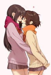 Rule 34 | 2girls, arms behind back, blush, bow, bowtie, brown hair, commentary request, cowboy shot, fingernails, from side, heart, highres, hug, kawai makoto, long hair, mouth hold, multiple girls, orange scarf, original, pink background, pink scarf, pink sweater, pleated skirt, purple skirt, red neckwear, scarf, shared food, simple background, skirt, smile, sweater, yellow sweater, yuri