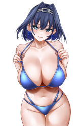 1girl absurdres bikini black_hair blue_hair blue_nails bow bow_earrings breasts chain chain_headband cleavage earrings hair_intakes highres hololive hololive_english jewelry large_breasts looking_to_the_side ouro_kronii rain_(rain910) ribbon_earrings standing swimsuit transparent_background virtual_youtuber