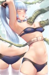 Rule 34 | 1girl, armpits, arms up, artist name, ayaka (genshin impact), blue bra, blue hair, blue panties, blunt bangs, blush, bow, bow panties, bra, bra pull, breasts, closed eyes, clothes pull, flower knot, forest, from side, genshin impact, hair ribbon, highres, kimoshi, light blue hair, long hair, medium breasts, motion blur, nature, navel, nipple stimulation, nipple tweak, open mouth, panties, plant, ponytail, restrained, ribbon, sky, tentacles, thighhighs, tongue, tongue out, tress ribbon, underwear, vines, white thighhighs