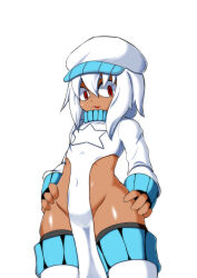 Rule 34 | 1girl, absurdres, cabbie hat, commentary request, cowboy shot, dark-skinned female, dark skin, flat chest, groin, hat, highres, kiwami-chan, kiwami-highlow, long sleeves, looking at viewer, medium hair, no panties, open mouth, pelvic curtain, red eyes, revealing clothes, shiny skin, simple background, solo, star (symbol), tamakikouji, thighhighs, white background, white hair, white hat, white thighhighs