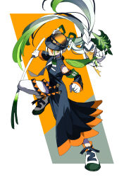 Rule 34 | 1girl, aki (abblim), armband, bird, black dress, black headwear, clenched hand, closed mouth, commentary, creatures (company), dress, fighting miku (project voltage), floating hair, food, full body, game freak, gen 8 pokemon, gloves, green armband, green eyes, green hair, hair between eyes, hatsune miku, highres, holding, holding food, holding spring onion, holding vegetable, long hair, long sleeves, looking at viewer, multicolored hair, necktie, nintendo, orange hair, pokemon, pokemon (creature), project voltage, shield, shoes, sirfetch&#039;d, sneakers, spring onion, standing, streaked hair, symbol-only commentary, thighhighs, twintails, vegetable, very long hair, vocaloid, white gloves, white hair, white necktie, white thighhighs