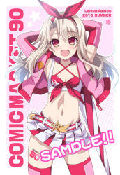 Rule 34 | 1girl, :d, aoi masami, arms behind head, arms up, belt, blonde hair, body writing, circle name, comiket 90, cropped jacket, elbow gloves, fang, fate/kaleid liner prisma illya, fate (series), front-tie top, gloves, hair ribbon, hairband, halterneck, illyasviel von einzbern, long hair, looking at viewer, midriff, miniskirt, navel, open mouth, pleated skirt, race queen, red eyes, ribbon, sample watermark, skirt, smile, solo, thighhighs, watermark
