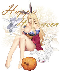 Rule 34 | 1girl, absurdres, animal ears, arm support, bare legs, bare shoulders, barefoot, blonde hair, blue kimono, blush, breasts, cleavage, collarbone, commentary, english commentary, english text, floral print, full body, green eyes, halloween, happy halloween, hat, highres, jack-o&#039;-lantern, japanese clothes, kimono, kimono tug, knees together feet apart, large breasts, light smile, long hair, long sleeves, looking at viewer, migu (iws2525), mole, mole under eye, obi, original, panties, pantyshot, pink lips, print kimono, pumpkin, rabbit, rabbit ears, sash, short kimono, silhouette, sitting, solo, toenails, toes, tree, underwear, white background, white panties, wide sleeves, witch hat