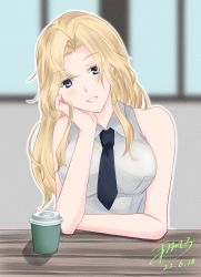 Rule 34 | 1girl, blonde hair, collared shirt, cup, dated, disposable cup, eyes visible through hair, grey eyes, hair between eyes, highres, hornet (kancolle), kantai collection, light blush, long hair, md5 mismatch, necktie, resolution mismatch, shirt, signature, sleeveless, sleeveless shirt, solo, source larger, syn dc624i, table, white shirt