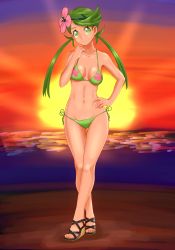Rule 34 | 1girl, absurdres, alternate color, artist request, artistic error, bad id, bad pixiv id, bare shoulders, beach, bikini, breasts, closed mouth, collarbone, creatures (company), dark-skinned female, dark skin, flower, full body, game freak, green bikini, green eyes, green hair, green hairband, hair flower, hair ornament, hairband, highres, long hair, looking at viewer, low twintails, mallow (pokemon), medium breasts, navel, nintendo, nocunoct, pokemon, pokemon sm, sandals, shiny skin, side-tie bikini bottom, smile, solo, standing, sun, sunset, swimsuit, toes, trial captain, twintails, underboob, very long hair