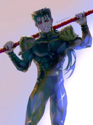 Rule 34 | 1boy, blue hair, bodysuit, cowboy shot, cu chulainn (fate), fate/stay night, fate (series), gae bolg (fate), holding, holding spear, holding weapon, kim yura (goddess mechanic), cu chulainn (fate/stay night), male focus, polearm, ponytail, red eyes, smile, solo, spear, weapon