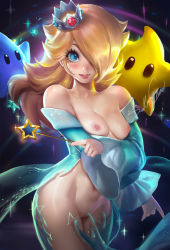 Rule 34 | 1girl, artist name, bare shoulders, blonde hair, blue eyes, blush, breasts, cleft of venus, crown, dissolving clothes, dress, female focus, gradient background, hair over one eye, highres, jewelry, long hair, looking at viewer, luma (mario), mario (series), medium breasts, nail polish, nintendo, nipples, parted lips, pussy, rosalina, sakimichan, smile, solo, sparkle, strapless, strapless dress, super mario bros. 1, super mario galaxy, uncensored, wand, watermark