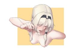 Rule 34 | 1girl, absurdres, an-94 (girls&#039; frontline), black hairband, blonde hair, blush, breasts, closed eyes, collarbone, completely nude, emile aoi, girls&#039; frontline, hairband, highres, medium breasts, nipples, nude, open mouth, parted bangs, sidelocks, simple background, solo, upper body