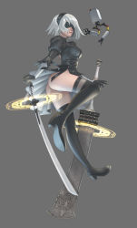 Rule 34 | 1girl, absurdres, ass, backless dress, backless outfit, black dress, black footwear, black gloves, black hairband, black ribbon, black thighhighs, blindfold, boots, breasts, broadsword, chain, covered eyes, dress, drone, floating, from side, full body, gloves, greatsword, grey background, groin, hairband, high heel boots, high heels, highleg, highleg leotard, highres, huge weapon, juliet sleeves, katana, leotard, long sleeves, machinery, magic circle, mawa setiawan, medium breasts, nier (series), nier:automata, no mole, nose, parted lips, pink lips, pod (nier:automata), puffy sleeves, ribbon, ribbon-trimmed dress, ribbon trim, robot, short dress, short hair, side slit, silver hair, simple background, solo, sword, tassel, thigh boots, thighhighs, thong, thong leotard, vambraces, weapon, white leotard, wind, wind lift, 2b (nier:automata)