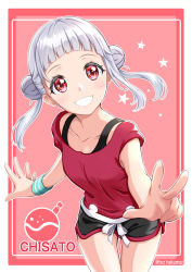 Rule 34 | 1girl, absurdres, arashi chisato, black shorts, blunt bangs, blush, border, bump-of-chinmen1208, character name, collarbone, dolphin shorts, double bun, floating hair, grin, hair bun, highres, looking at viewer, love live!, love live! superstar!!, outside border, pink background, red eyes, red shirt, ribbon, shirt, short shorts, short sleeves, shorts, silver hair, smile, solo, thigh gap, twintails, twitter username, white border, white ribbon, wristband