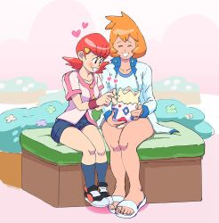 Rule 34 | 2girls, blush, breasts, closed eyes, creatures (company), feet, game freak, gen 2 pokemon, gym leader, hair ornament, hairclip, heart, holding, jacket, legs, misty (pokemon), multiple girls, nick rees, nintendo, open clothes, open jacket, open mouth, orange hair, pink hair, pokemon, pokemon (anime), pokemon gsc, pokemon hgss, ponytail, red hair, sandals, shirt, shoes, short hair, shorts, sitting, smile, swimsuit, thighs, toes, togepi, twintails, whitney (pokemon)