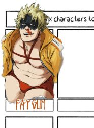 Rule 34 | 1boy, :q, abs, bara, bare pectorals, belly, black mask, blonde hair, blood, boku no hero academia, boxer briefs, bulge, cropped legs, eye mask, fat, fat gum (boku no hero academia), fat man, hickey, highres, jacket, large pectorals, looking at viewer, male focus, male underwear, multiple drawing challenge, muscular, muscular male, navel, nipples, no shirt, nosebleed, open clothes, open jacket, pectoral lift, pectorals, red male underwear, red rope, rope, seductive smile, shibari, short hair, six fanarts challenge, smile, smokerichi, solo, spiked hair, stomach, thick thighs, thighs, tongue, tongue out, underbust, underwear, yellow jacket, zipper pull tab
