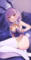 Rule 34 | 1girl, absurdres, animal ears, ass, atsuko (blue archive), blue archive, blush, braid, breasts, detached collar, fake animal ears, fake tail, gubbi on, halo, highres, leotard, long hair, looking at viewer, medium breasts, purple hair, purple leotard, rabbit ears, rabbit tail, red eyes, single braid, solo, strapless, strapless leotard, tail, thighhighs, twin braids, white thighhighs