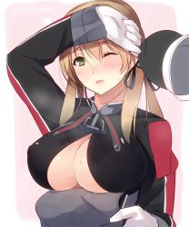 Rule 34 | 10s, 1girl, blonde hair, blush, breasts, cleavage, cleavage cutout, clothing cutout, female focus, gloves, green eyes, hat, unworn hat, unworn headwear, huge breasts, kantai collection, long hair, looking at viewer, matsukawa (pale scarlet), military, military uniform, one eye closed, open mouth, peaked cap, prinz eugen (kancolle), simple background, solo, sweat, twintails, uniform