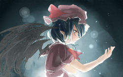Rule 34 | 1girl, ascot, backlighting, bat wings, blue hair, bow, dark, dress, greenteanoruthi, hand on own chest, hands up, hat, hat bow, light, light particles, looking at hand, mob cap, outstretched arm, parted lips, pink dress, pointy ears, profile, red eyes, remilia scarlet, short hair, solo, teeth, touhou, wings