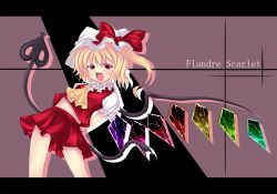 Rule 34 | 1girl, bad id, bad pixiv id, blonde hair, character name, fang, female focus, flandre scarlet, hat, kiyomin, letterboxed, mob cap, navel, ponytail, red eyes, ribbon, solo, standing, touhou, wings
