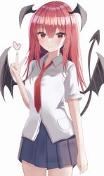 Rule 34 | 1girl, absurdres, alternate costume, aohane, bat wings, black skirt, black wings, breasts, closed mouth, collared shirt, cowboy shot, demon tail, head wings, heart, highres, koakuma, long hair, looking at viewer, medium breasts, multiple wings, necktie, pleated skirt, red eyes, red hair, red necktie, school uniform, shirt, simple background, skirt, smile, solo, standing, tail, touhou, v, white background, white shirt, wings