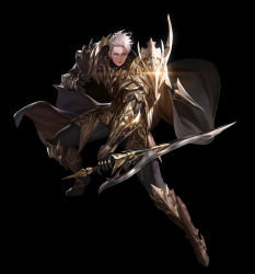 Rule 34 | 1boy, absurdres, armor, armored boots, black background, black cape, black gloves, black legwear, boots, cape, closed mouth, commentary, english commentary, full body, gloves, gold armor, grey eyes, grey hair, highres, holding, holding sword, holding weapon, knee boots, lips, looking to the side, male focus, r2 online, short hair, shoulder armor, simple background, solo, sword, taekwon kim, vambraces, weapon