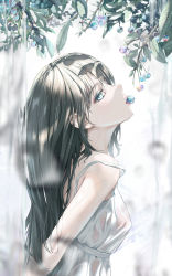 Rule 34 | 1girl, absurdres, blue eyes, dress, from side, green hair, highres, long hair, looking at viewer, original, plant, solo, sundress, sweat, tooku0, wet, wet clothes, white dress