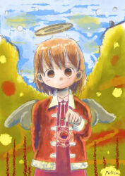 Rule 34 | :&gt;, absurdres, arm behind back, blue sky, brown eyes, brown hair, closed mouth, collared jacket, day, dot nose, faux traditional media, fur-trimmed jacket, fur-trimmed sleeves, fur trim, haibane renmei, hair behind ear, halo, hand up, highres, holding, jacket, long sleeves, looking at viewer, open clothes, open jacket, outdoors, pafica, polka dot, rakka (haibane), red jacket, short hair, signature, sky, smile, solo, standing, straight-on, tareme, upper body, wing collar, wings