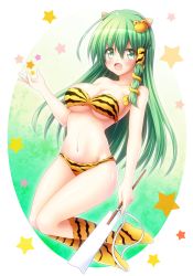 Rule 34 | 1girl, :d, animal print, bare arms, bare shoulders, breasts, collarbone, commentary request, frog hair ornament, full body, gohei, green eyes, green hair, groin, hair between eyes, hair ornament, highres, horns, kneehighs, kochiya sanae, large breasts, long hair, looking at viewer, navel, open mouth, osashin (osada), print socks, smile, snake hair ornament, socks, solo, star (symbol), stomach, tiger print, touhou, very long hair