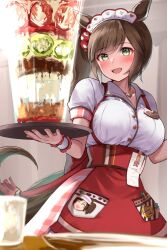 Rule 34 | 1girl, :d, animal ears, blush, breasts, brown hair, green eyes, headdress, heart on chest, highres, holding, holding tray, horse ears, horse girl, ines fujin (melty gift) (umamusume), ines fujin (umamusume), large breasts, name tag, official alternate costume, open mouth, oversized food, oversized object, parfait, puffy short sleeves, puffy sleeves, sg (esujii), shirt, short sleeves, side ponytail, smile, solo, tray, umamusume, white shirt, wrist cuffs