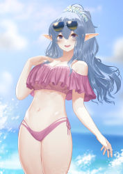 Rule 34 | 1girl, alternate costume, bikini, blue eyes, blue hair, commentary, elf, english commentary, ex-trident, eyewear on head, highres, indie virtual youtuber, leaning back, long pointy ears, looking at viewer, navel, off-shoulder bikini, off shoulder, open mouth, pink bikini, pointy ears, rae laviere, smile, solo, summer, sunglasses, swimsuit, virtual youtuber