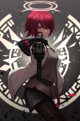 Rule 34 | 1girl, aiming, aiming at viewer, arknights, belt, black belt, black shorts, breasts, closed mouth, commentary request, cowboy shot, exusiai (arknights), grey shirt, gun, hair between eyes, halo, highres, holding, holding gun, holding weapon, hood, hood down, hooded jacket, jacket, large breasts, looking at viewer, orange eyes, pink halo, red hair, shirt, short hair, shorts, smile, solo, standing, suzutaro, weapon, white jacket