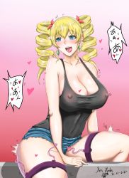 Rule 34 | 1girl, absurdres, black tank top, blonde hair, blue eyes, blush, breasts, claire harvey, collarbone, colored skin, covered erect nipples, dress, drill hair, drooling, earrings, flinch, green earrings, highres, hundred (light novel), jewelry, kenmaster17, large breasts, no bra, open mouth, orgasm, orgasm from anal, red headwear, saliva, see-through, sex toy, short dress, short jeans, shorts, solo, tank top, tongue, tongue out, twin drills, twintails, vibrator, vibrator under clothes, white skin