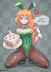 Rule 34 | !, 1girl, alex (minecraft), animal ears, artist name, bare shoulders, blue eyes, bow, bowtie, braid, braided ponytail, breasts, cake, candle, checkered background, covered navel, detached collar, english text, fake animal ears, fire, food, full body, gluteal fold, grey background, hair between eyes, happy birthday, heart, high heels, highres, holding, holding cake, holding food, kneeling, leotard, long hair, looking at viewer, medium breasts, minecraft, noah (tettsui-sole), orange hair, pantyhose, plate, playboy bunny, rabbit ears, sleeveless, smile, solo, speech bubble, spread legs, sweatdrop, twitter username, watermark, wrist cuffs