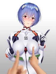 Rule 34 | 1girl, ayanami rei, blue hair, blurry, blush, bodysuit, bracer, breast poke, breast press, breasts, breasts apart, deep skin, depth of field, embarrassed, gloves, gradient background, grey background, hair between eyes, hands up, head tilt, headgear, highres, impossible bodysuit, impossible clothes, index finger raised, interface headset, koi dance, lips, looking at viewer, medium breasts, neon genesis evangelion, nose blush, parted lips, pilot suit, plugsuit, poking, pov, pov hands, re:shimashima, red eyes, shiny clothes, short hair, skin tight, solo focus, turtleneck, upper body, white background, white bodysuit