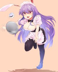 Rule 34 | 1girl, accident, alternate costume, animal ears, apron, asuzemu, black bow, black bowtie, black thighhighs, bow, bowtie, breasts, cleavage, cup, enmaided, falling, frilled apron, frilled skirt, frills, highres, long hair, looking at viewer, maid, maid headdress, mary janes, medium breasts, nervous, nervous smile, open mouth, purple hair, rabbit ears, rabbit girl, rabbit tail, red eyes, reisen udongein inaba, shadow, shoes, simple background, skirt, smile, solo, sweatdrop, tail, teacup, thighhighs, touhou, very long hair