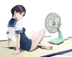 Rule 34 | 1girl, arm support, bare legs, barefoot, black hair, blue sailor collar, blue one-piece swimsuit, breasts, brown eyes, closed mouth, crossed legs, electric fan, feet, from side, full body, hair between eyes, highres, inamitsu shinji, knees up, leaning back, lips, looking at viewer, looking to the side, medium breasts, no pants, on floor, one-piece swimsuit, open clothes, open shirt, original, paid reward available, paid reward available, sailor collar, school swimsuit, school uniform, serafuku, shadow, shirt, short hair, short sleeves, sitting, sleeve cuffs, soles, solo, swimsuit, toes, white shirt