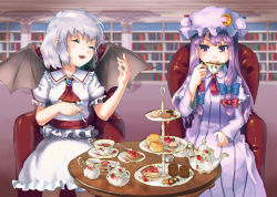 Rule 34 | 2girls, ascot, bat wings, bookshelf, bow, capelet, closed eyes, crescent, cup, dress, fang, food, hair bow, hair ornament, hat, highres, kujou natsume, light purple hair, long hair, long sleeves, looking at another, mob cap, multiple girls, no headwear, open mouth, patchouli knowledge, pitcher (container), plate, pointy ears, puffy sleeves, purple dress, purple eyes, purple hair, remilia scarlet, ribbon, sash, saucer, shirt, short hair, short sleeves, sitting, skirt, skirt set, smile, spoon, striped clothes, striped dress, sweets, table, teacup, teapot, tiered tray, touhou, tray, vest, wings